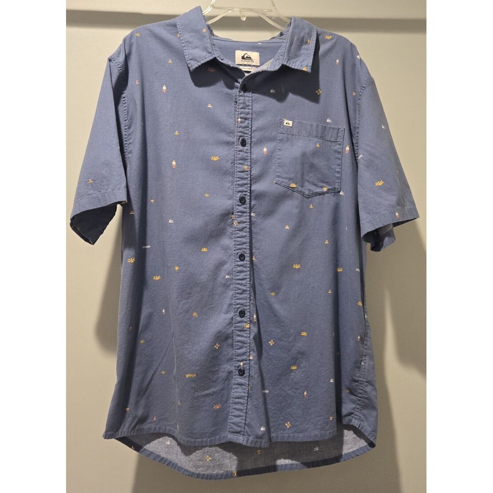 Quiksilver Mens Button Down Shirt Short Sleeve Patterned Blue Casual XL Hawaiian